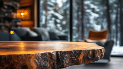 Rustic slab table and blurred forest cabin interior background