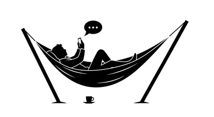 A businessman relaxing in a hammock while using his smartphone, illustrating work-life balance and