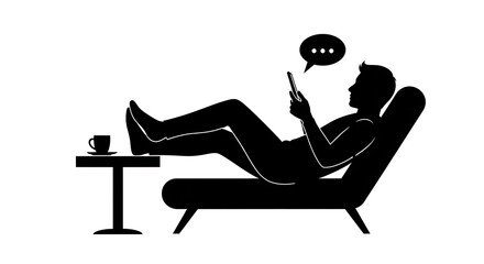 Silhouette of a man relaxing with his smartphone and coffee during leisure time