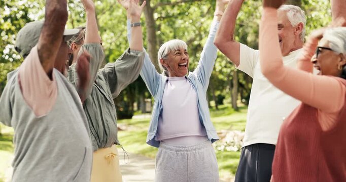 Senior people, handstack and fitness outdoor for good news, exercise success and celebration. Elderly friends, personal trainer and gesture for motivation, achievement and group solidarity at park