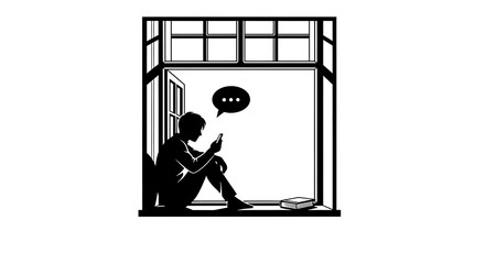 Silhouette of a person using a phone by a window reflecting modern communication style