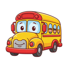 Cute Cartoon School Bus Clip Art, Smiling Public Transport Illustration on White Background, Education