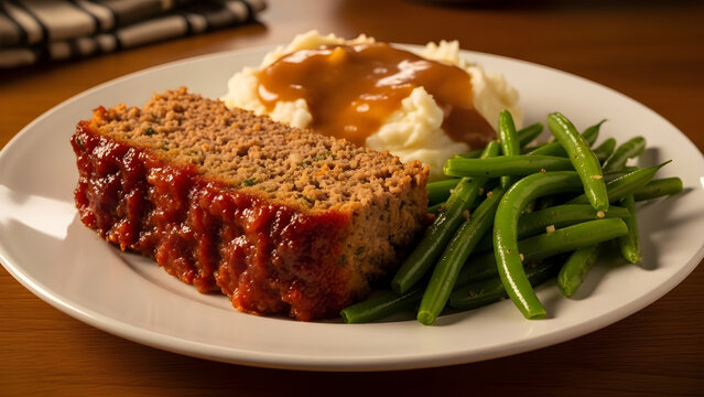 A plate of meatloaf with mashed potatoes and green beans on a wooden table