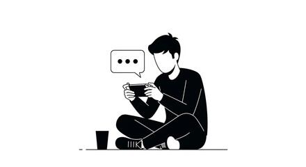 Isolated illustration of a person engrossed in their smartphone while seated indoors