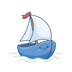 Cute Cartoon Sailboat Clip Art, Cheerful Boat Illustration on White Background, Water Transport