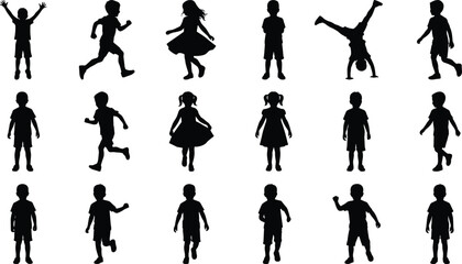 Collection of children silhouette illustrations showing various playful poses, running, dancing, and standing, perfect for youth designs, activity graphics, and vector artwork.
