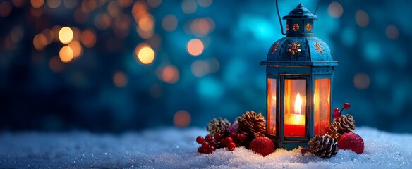 Winter Christmas still life with glowing lantern and candle on snowy surface, pine branches, red ornaments, golden fairy lights, dreamy bokeh, cozy festive holiday scene with copy space.