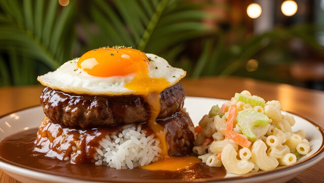 Hawaiian loco moco dish with egg and macaroni salad on a plate