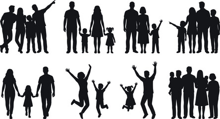 Collection of family silhouette illustrations showing parents and children in various poses, walking, standing, and celebrating, perfect for lifestyle graphics and vector design projects.