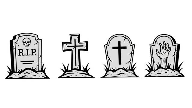 A collection of four spooky gravestones, including one with a zombie hand emerging from the ground.