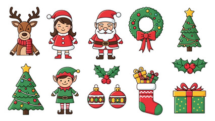 Cute Christmas Characters and Decorations: Santa, Reindeer, Elf, Tree, Wreath, Gifts