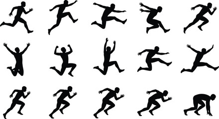 Collection of running and jumping athlete silhouettes in dynamic action poses, ideal for sports illustrations, fitness designs, motion graphics, and energetic vector artwork.