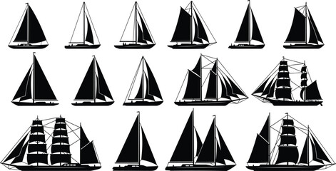 Collection of sailing ship and yacht silhouettes featuring various mast designs and sail arrangements, perfect for nautical illustrations, marine graphics, maritime themes, and vector artwork.
