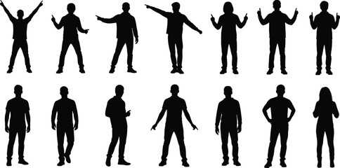 Collection of standing human silhouettes showing various gestures and poses, perfect for communication concepts, presentation graphics, instructional designs, marketing visuals, and vector artwork.