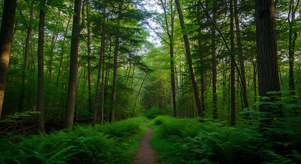 Serene forest landscape with winding dirt path through tall trees and lush green foliage in natural outdoor environment with sunlight filtering through leaves
