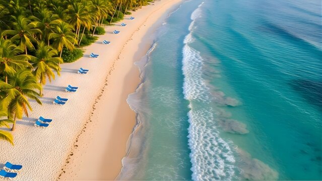 Aerial view captures pristine white sand beach turquoise ocean waves and lush green palm trees lining the shore - Powered by Adobe
