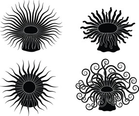 Silhouette illustration of abstract sea anemone forms featuring flowing tentacles, organic marine shapes, underwater designs, and intricate ocean-inspired decorative patterns
