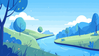 A calming scene of a bright blue river flowing through green hills under a light blue sky with fluffy clouds