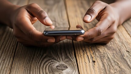 Close-up view of hands holding and operating a modern smartphone over a rustic wooden surface