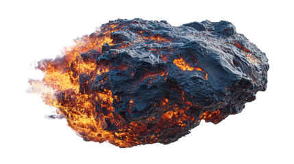Burning asteroid or meteor moving with great speed, glowing with molten rock and producing a fiery tail of flame and smoke on a transparent background, symbolizing danger and impact, png