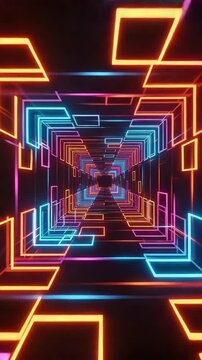 Abstract digital space journey through a futuristic tunnel of glowing neon rectangles