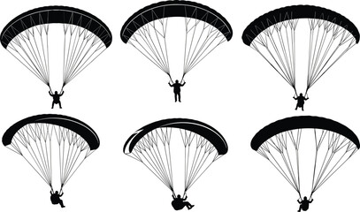 Silhouettes of paragliders in flight with open canopies, showcasing extreme sport action, aerial adventure, parachute design, and outdoor recreational activity.