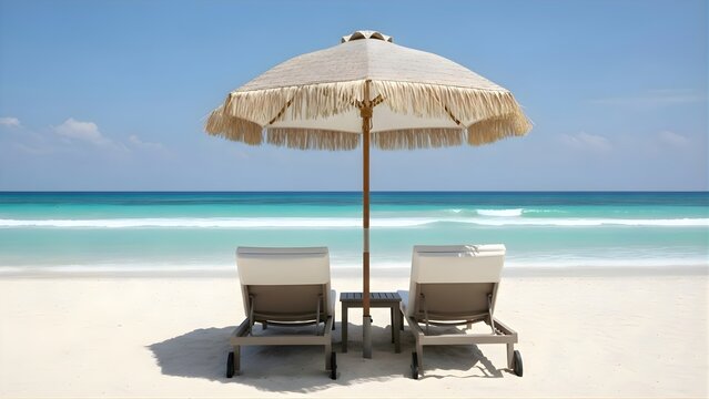 Two empty luxury beach lounge chairs sit beneath a thatched umbrella facing turquoise ocean waves on white sand