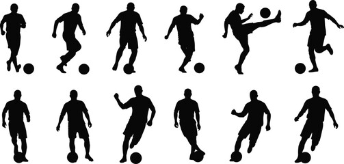 Silhouettes of soccer players performing various football actions, including dribbling, kicking, running, and ball control movements for sports design and athletic illustration.
