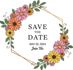 Floral geometric frame with save the date text perfect for wedding invitations on transparent background