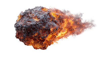 Meteoroid entering atmosphere or celestial fireball impacting with burning flames and smoke trail creating an asteroid collision concept on transparent background, png