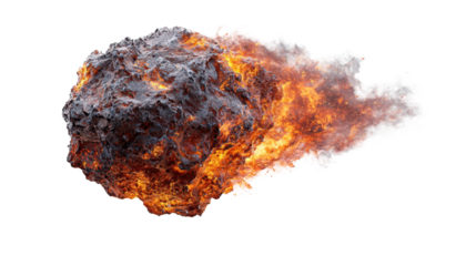 Meteoroid entering atmosphere or celestial fireball impacting with burning flames and smoke trail creating an asteroid collision concept on transparent background, png