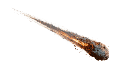 Meteoroid entering atmosphere burning brightly, blazing comet leaving fiery trail, falling asteroid creating dynamic light effect on transparent background, png