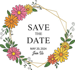Floral save the date design with geometric frame and text on transparent background