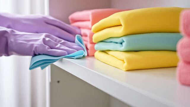 Hand in a purple glove wiping a shelf with a blue cloth beside neatly folded colorful towels, showing a bright and simple household cleaning moment