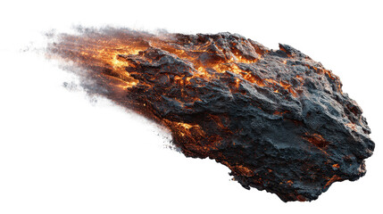 Meteorite with glowing lava like cracks burning and leaving a blazing trail of smoke and dust, creating a cosmic impact or space disaster scenario on a transparent background, png