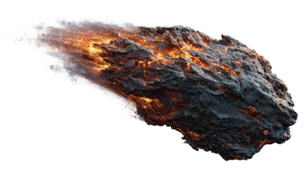 Meteorite with glowing lava like cracks burning and leaving a blazing trail of smoke and dust, creating a cosmic impact or space disaster scenario on a transparent background, png
