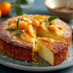 Moist homemade clementine cake topped with powdered sugar, fresh citrus dessert photography