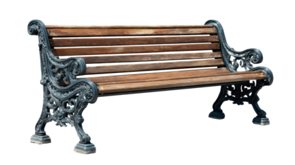Classic park bench in a natural outdoor setting. Featuring aged wooden slats and ornate cast iron arms and legs. Providing a place for relaxation and public seating, png