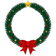 christmas wreath isolated on transparent background with stars and ribbon. Frame, banner, border, card, floral, celebration, greeting card