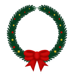 Christmas wreath with red ribbon, gold stars, cranberry isolated on white background, can use for decoration, frame, banner, poster, card, decorative, border and greeting card for holiday festive