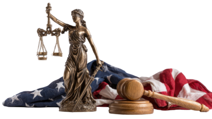 Lady Justice statue holding gavel isolated on white background representing law, fairness, legal authority, and judicial balance