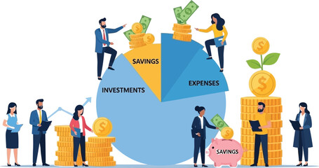 Financial growth illustration with people money and a pie chart on transparent background
