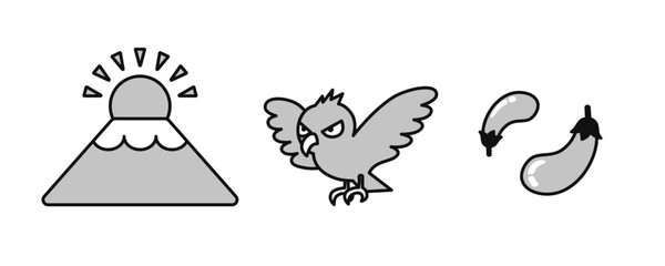 モノクロ線画の一富士二鷹三茄子　ベクターイラスト