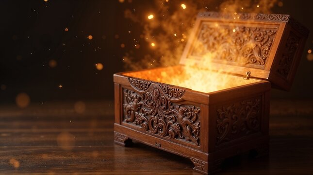 Open Carved Chest Radiating Golden Light &mdash; Magic, Mystery & Festive Wonder.