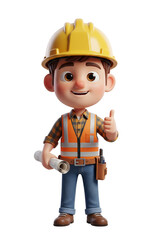 Happy 3D Cartoon Construction Worker Character Thumbs Up Blueprint.