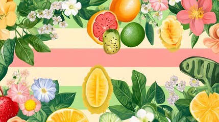 Digital illustration showcases diverse fruits and flowers against a muted pink and green striped background.