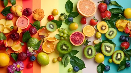 Photograph of colorful fresh fruits arranged on a rainbow striped background.