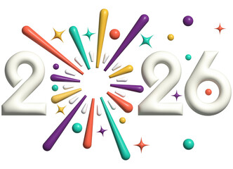 Colorful 3D 2026 New Year Celebration with fire works.