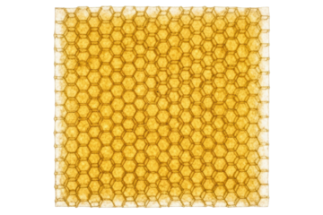 Square sheet of natural golden honeycomb with a hexagon pattern isolated with transparent background