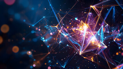 Futuristic neon lines and geometric shapes over a dark background.